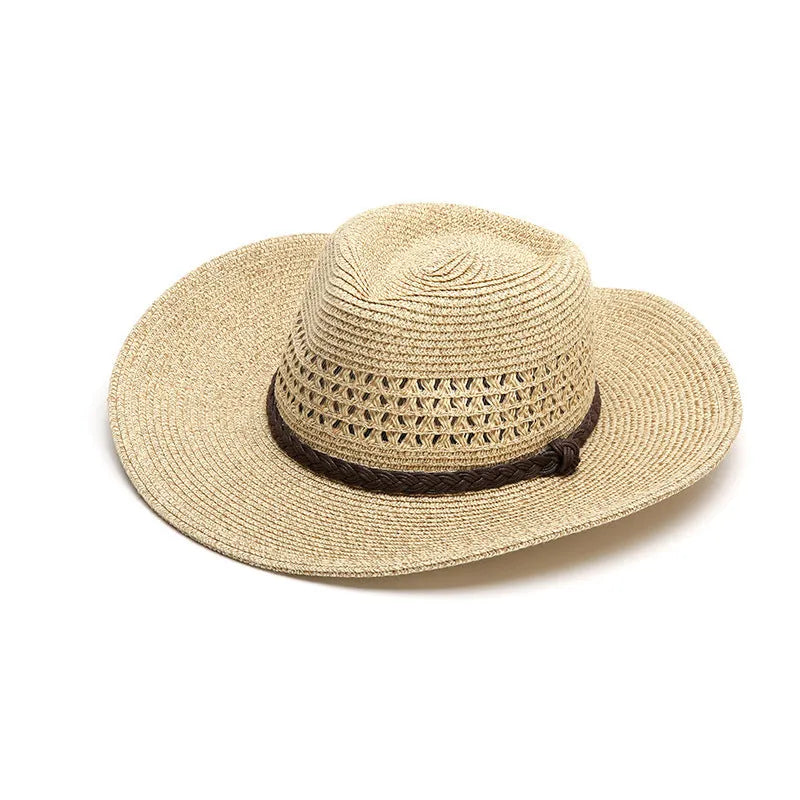 A foldable straw sun hat for men with a wide brim, shown in a beige colour.