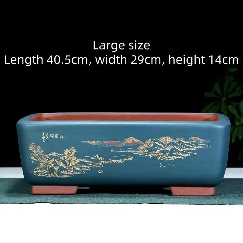 A large rectangular purple clay bonsai planter with a deep bowl, shown in a choice of blue, black, or red glaze.