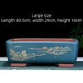 A large rectangular purple clay bonsai planter with a deep bowl, shown in a choice of blue, black, or red glaze.