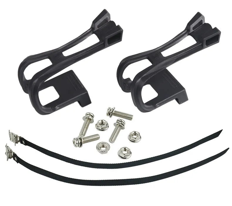 Fitness spinning pedal foot holder rope kit with plastic sets, metal bolts, and flange nuts on black background