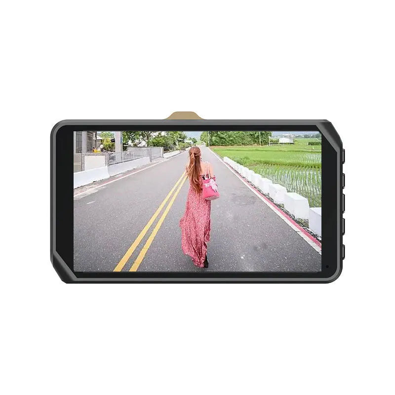 4 inch front and rear dual lens dashboard camera with touch screen display showing dual camera views