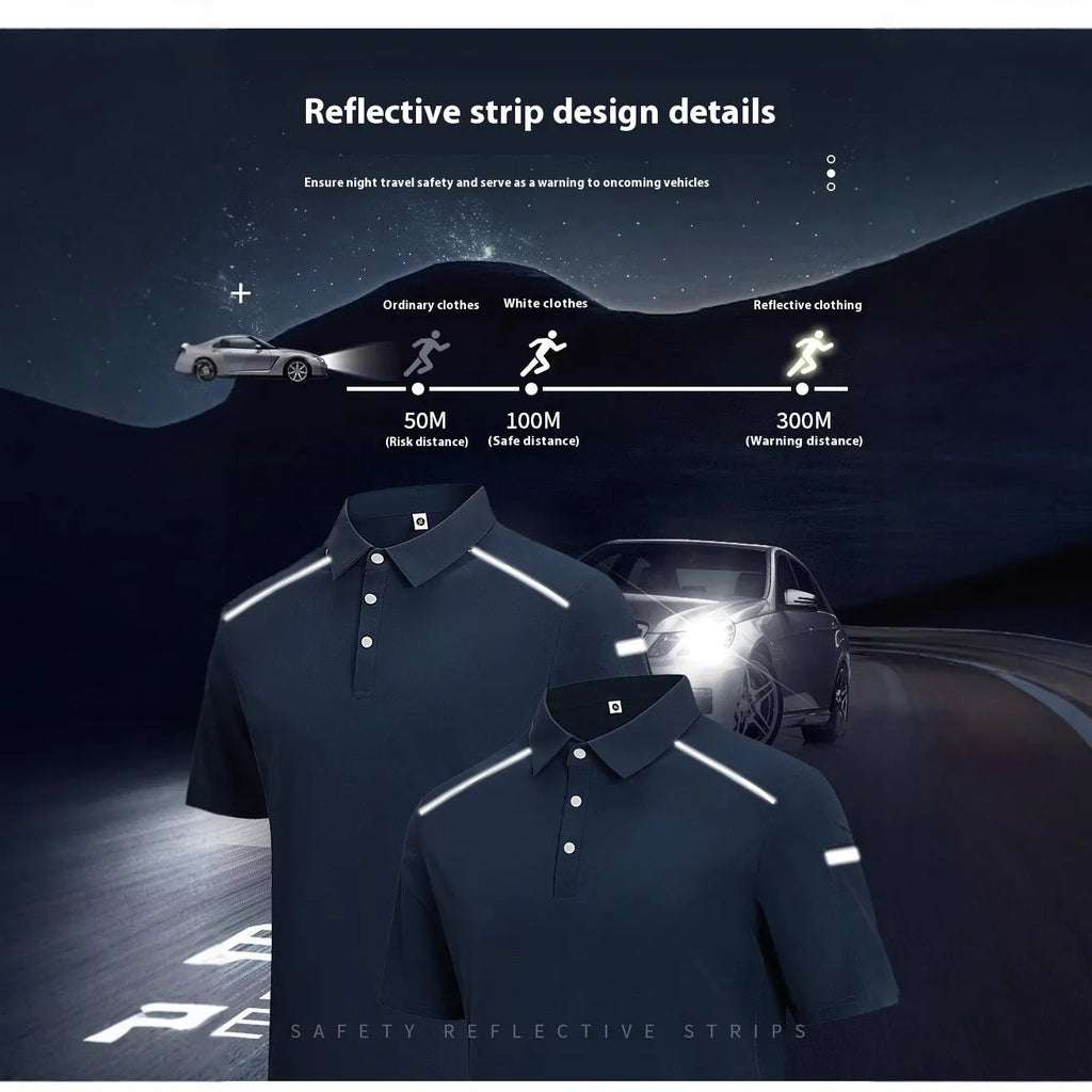 Men's silver grey quick-dry short sleeve work shirt with pencil case sleeves on a hanger.