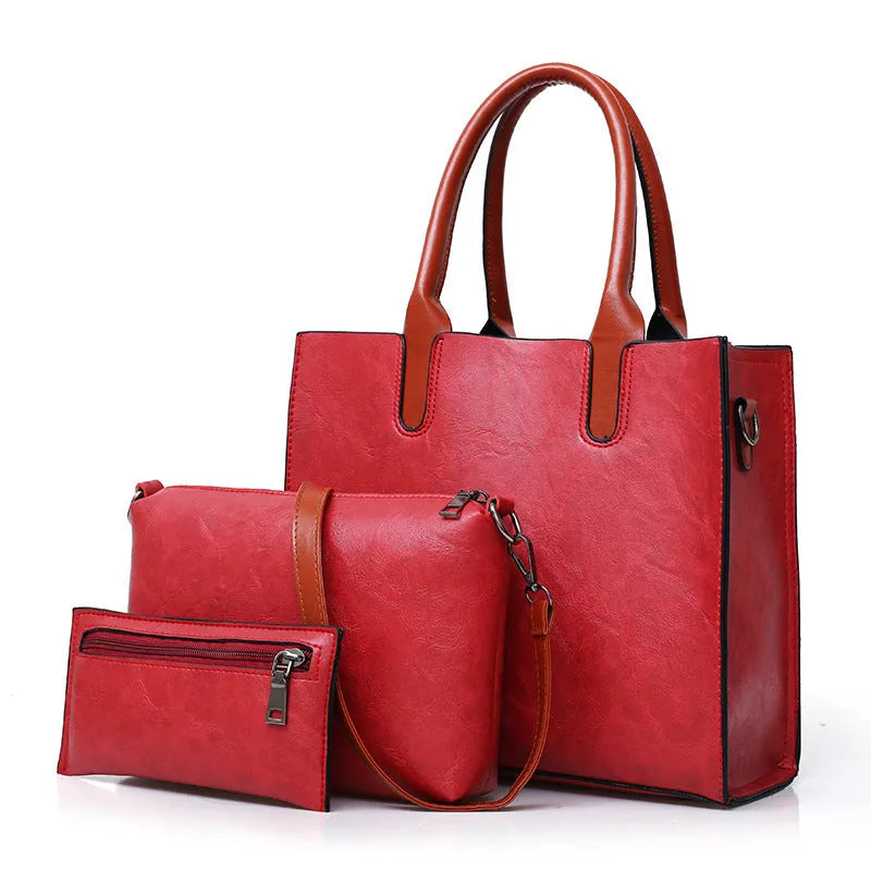 Three-piece women's PU bag set in retro style with sewing line detail, available in four solid colours