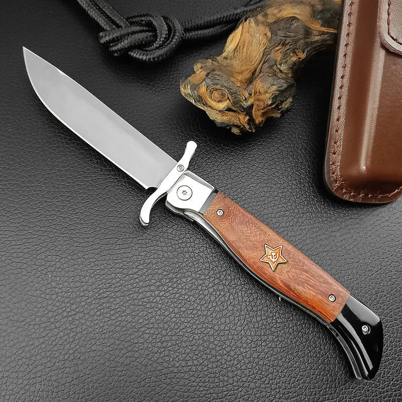 Multi-function folding camping knife with 440C blade, sandal wood handle, and cowhide sheath, 25.2cm total length