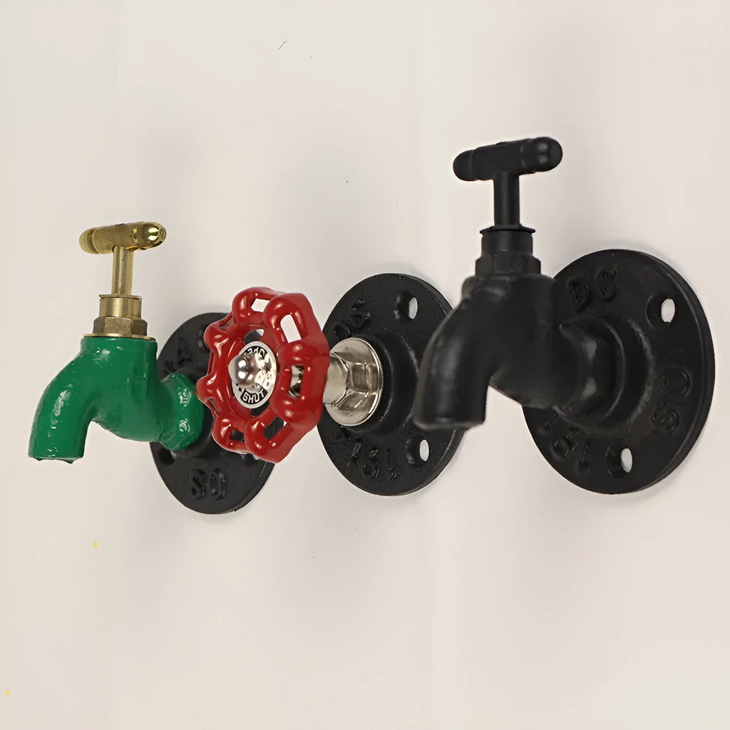 Wall-mounted metal towel rack hook with industrial water pipe design in a choice of three colours.