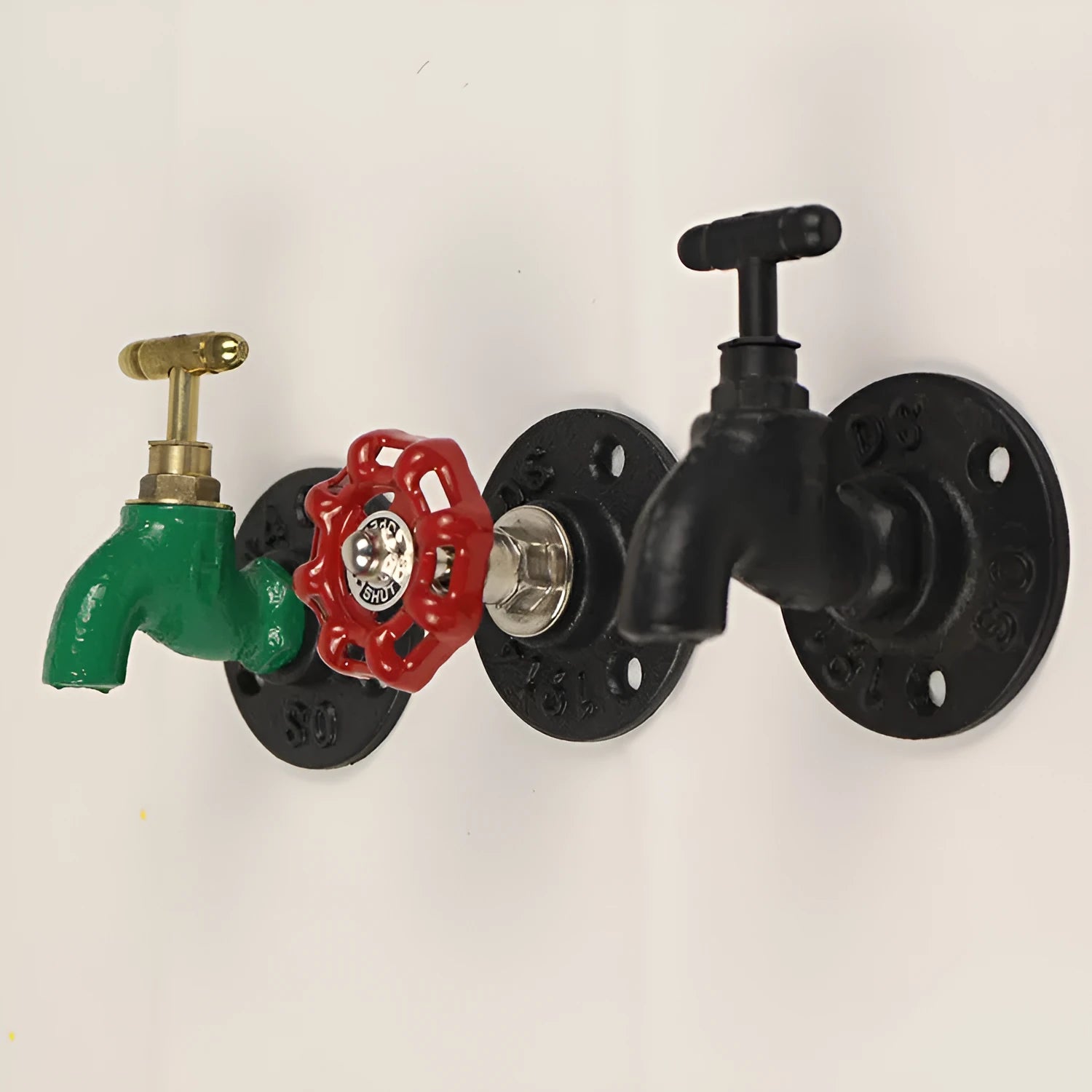 Wall-mounted metal towel rack hook with industrial water pipe design in a choice of three colours.