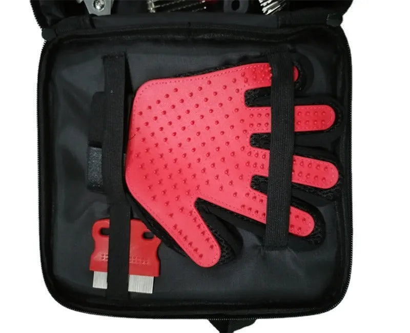 9-piece red pet cleaning set with Oxford waterproof bag, stainless steel and zinc alloy tools, 28x22x7cm