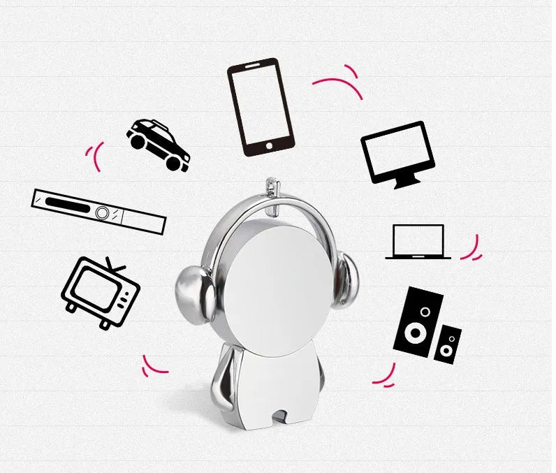 Personalised silver metal USB flash drive shaped like a car with a cartoon musician design.