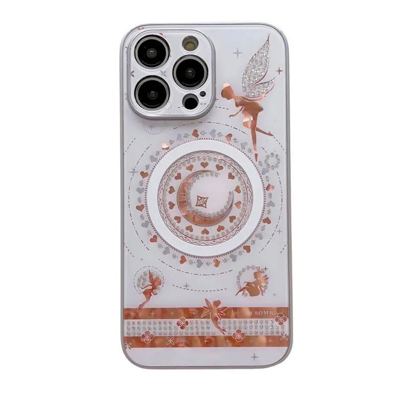 Butterfly fairy diamond magnetic phone case in pink, white, or rose gold for iPhone 11 to 15 Pro Max, with rhinestone bow and TPU PC shell