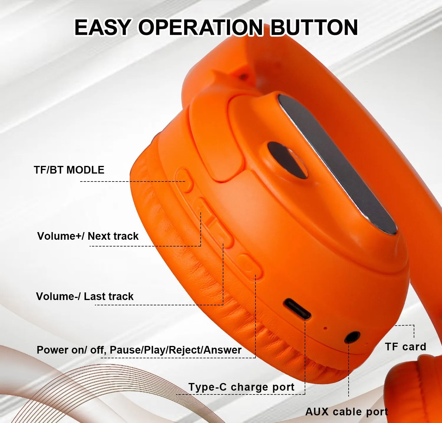Retro wireless Bluetooth earphones with orange plastic shell, foldable headband, and digital display