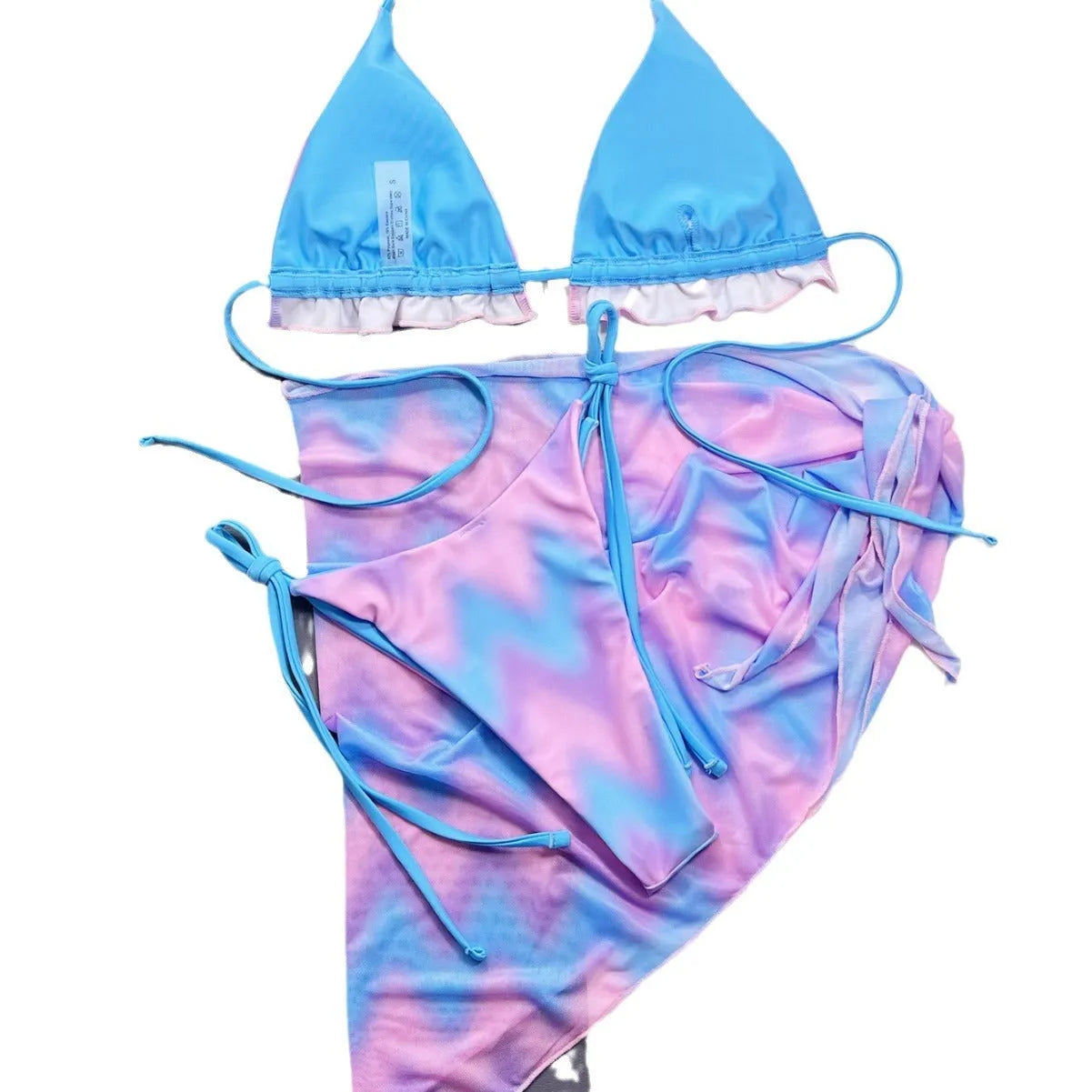 Women's tie-dye bikini swimsuit with split-front design and matching bra and briefs
