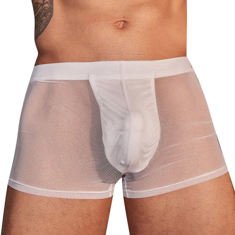 Men's black and white ultra-thin nylon boxer briefs laid flat.