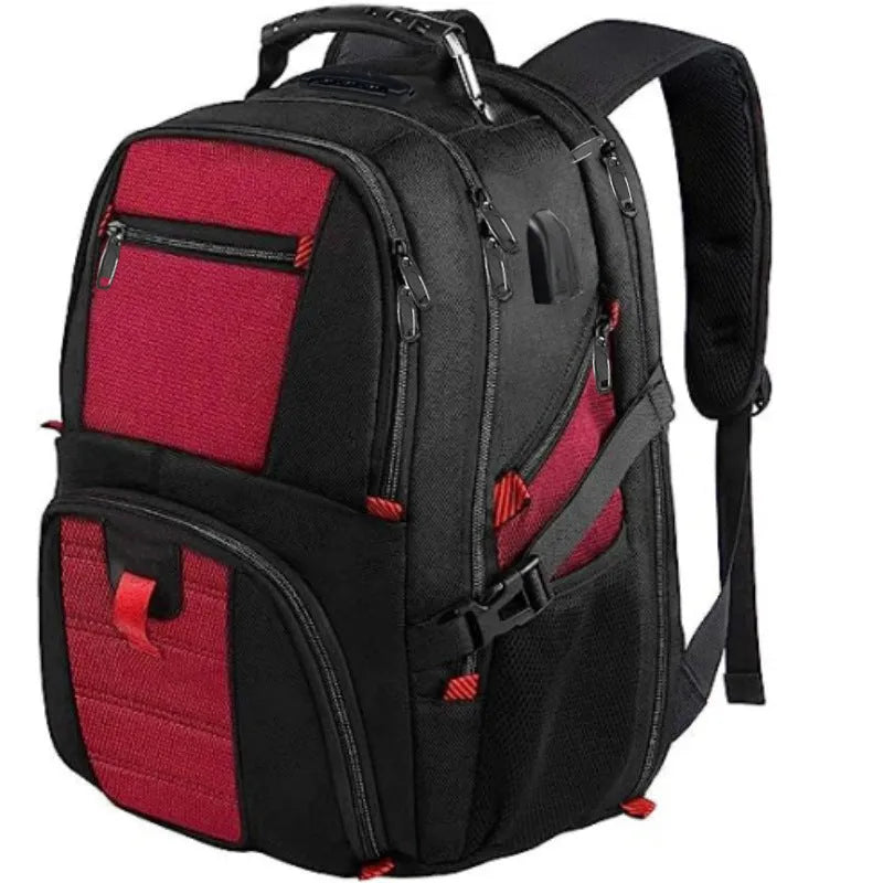 Large black USB charging backpack with curved shoulder straps and water-resistant Oxford cloth construction