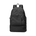 Waterproof polyester travel backpack in black colour showing curved shoulder straps and contrast stitching details