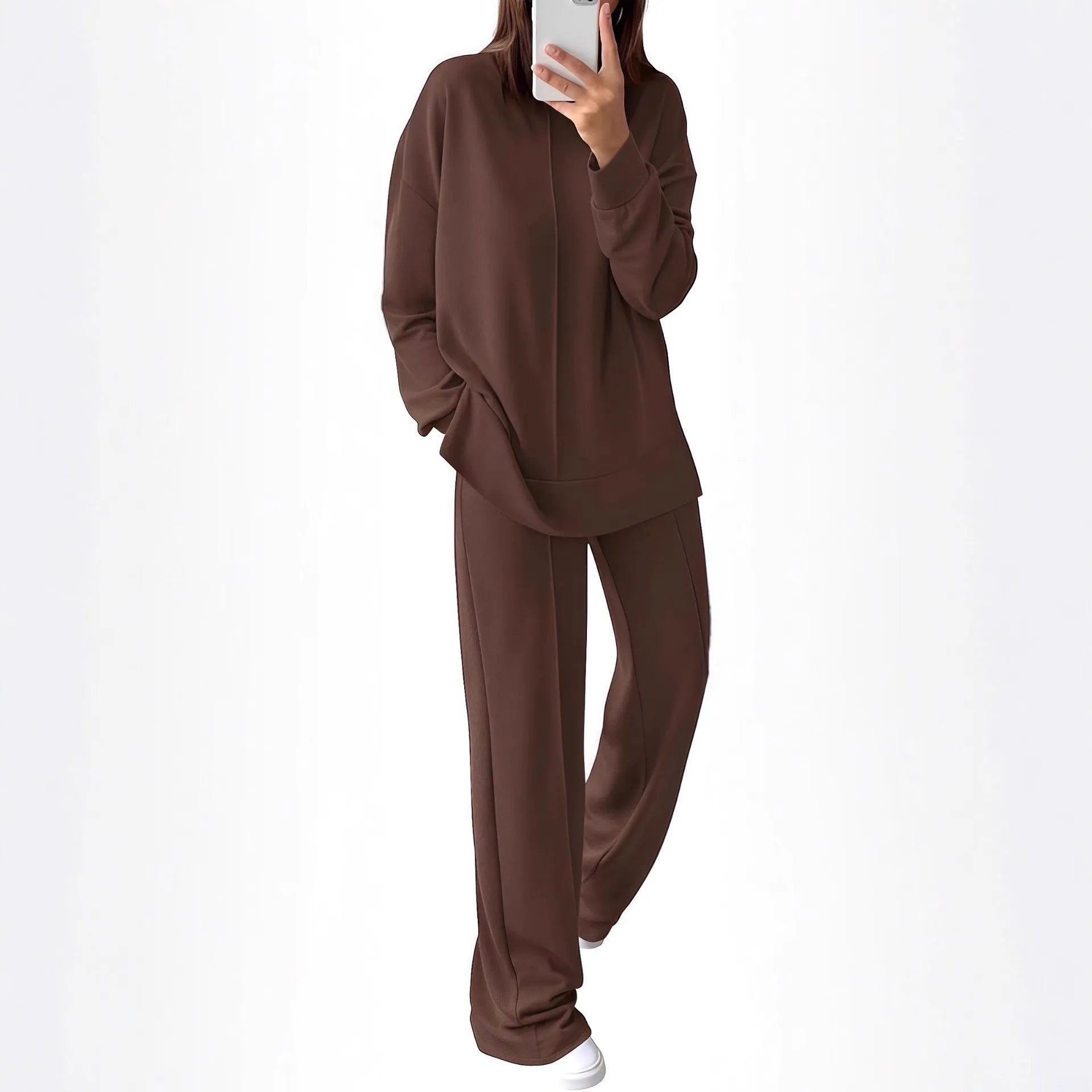 Women's long sleeve polyester jogging suit two-piece set shown in army green.
