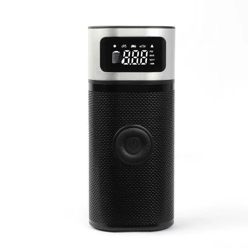 Black portable wireless air pump with LED light, 15cm tube, and accessory nozzles for car, bicycle, and ball inflation