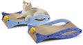 Blue fish-shaped cardboard cat scratcher lounge with bell ball toys on elastic cord