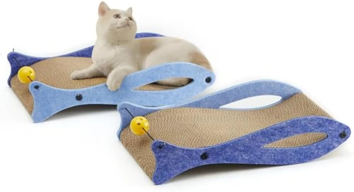 Blue fish-shaped cardboard cat scratcher lounge with bell ball toys on elastic cord