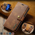 Split leather phone case with card slots and magnetic closure in black for iPhone