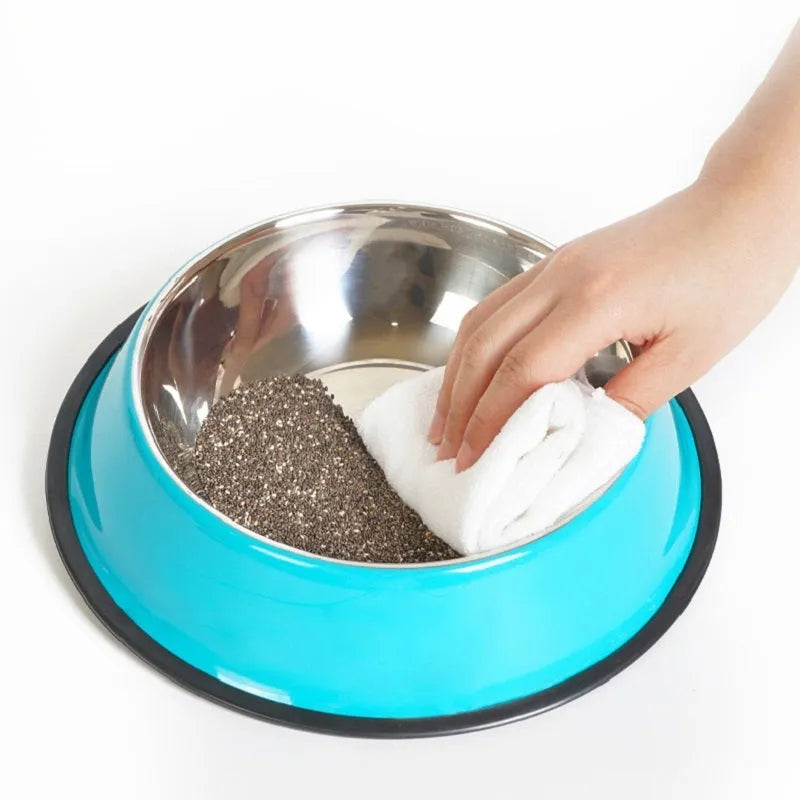 Stainless steel pet bowl inside colourful melamine pot with non-slip rubber base