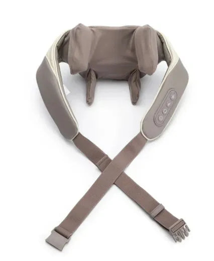 Milky white rechargeable shoulder and neck massager with kneading function and infrared physiotherapy