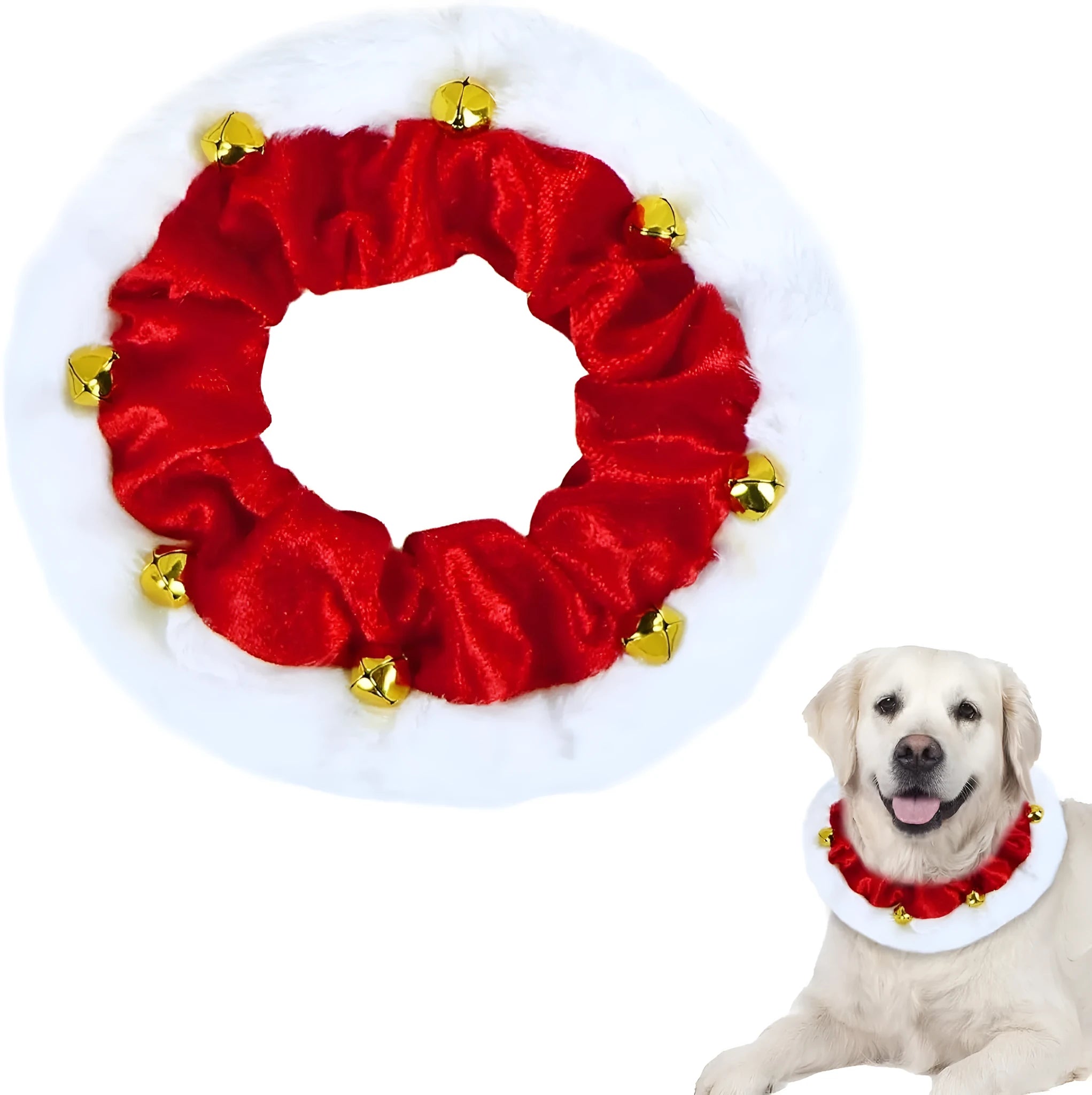 Christmas dog collar with gold bells in red and white polyester for small medium large pets