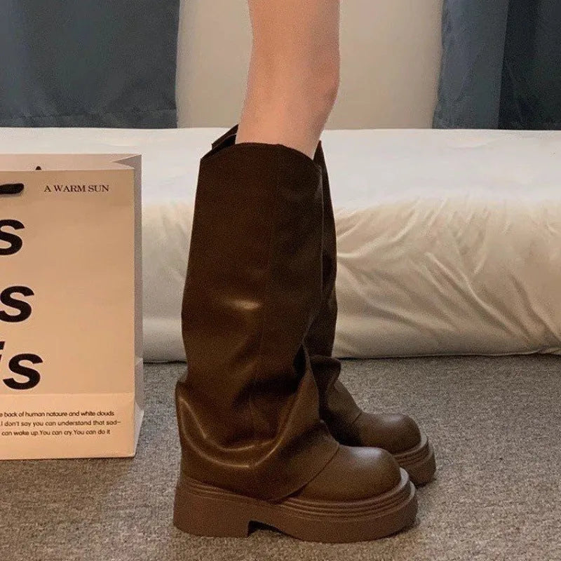 Women's round toe high cylinder PU autumn boots in beige, brown, and black colour options on a white background