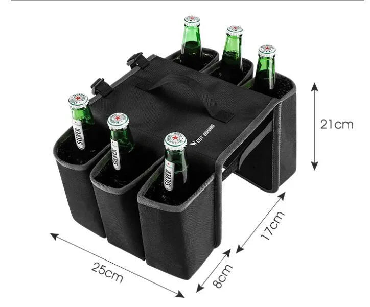 Black and blue orange double-sided bicycle drink shelf bag mounted on handlebars.