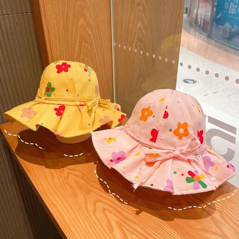 Children's large brim sun hat in flower beige made from ice linen viscose fibre for girls