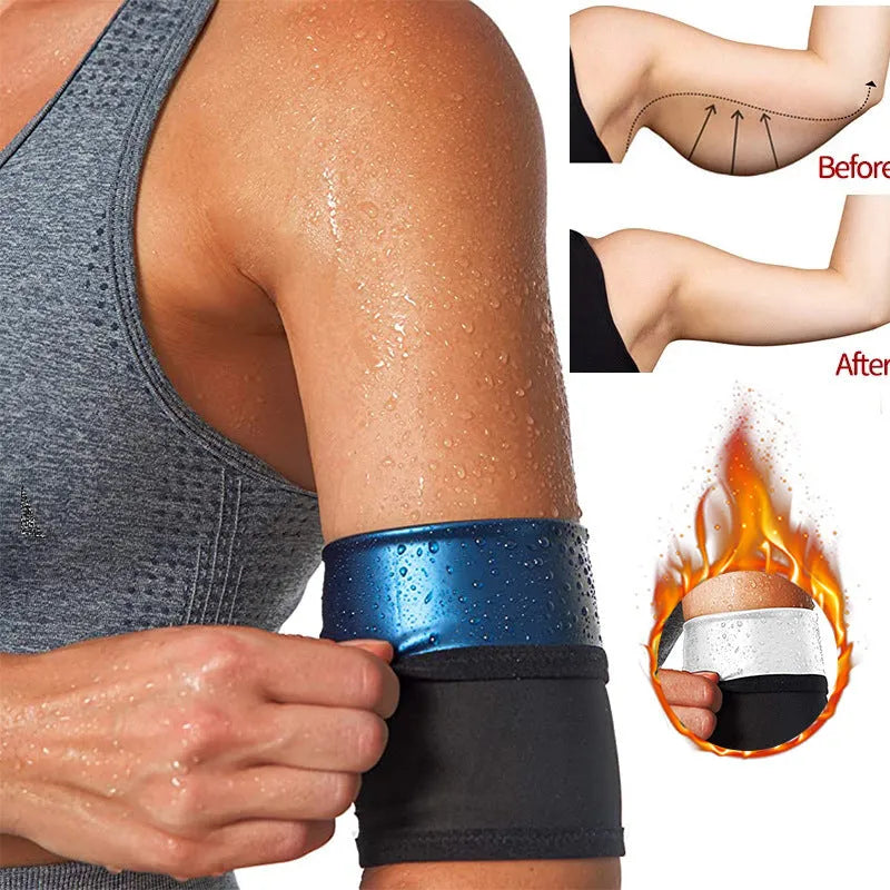 Adjustable neoprene sports armband with buckle, shown in blue, secured on an arm during exercise.