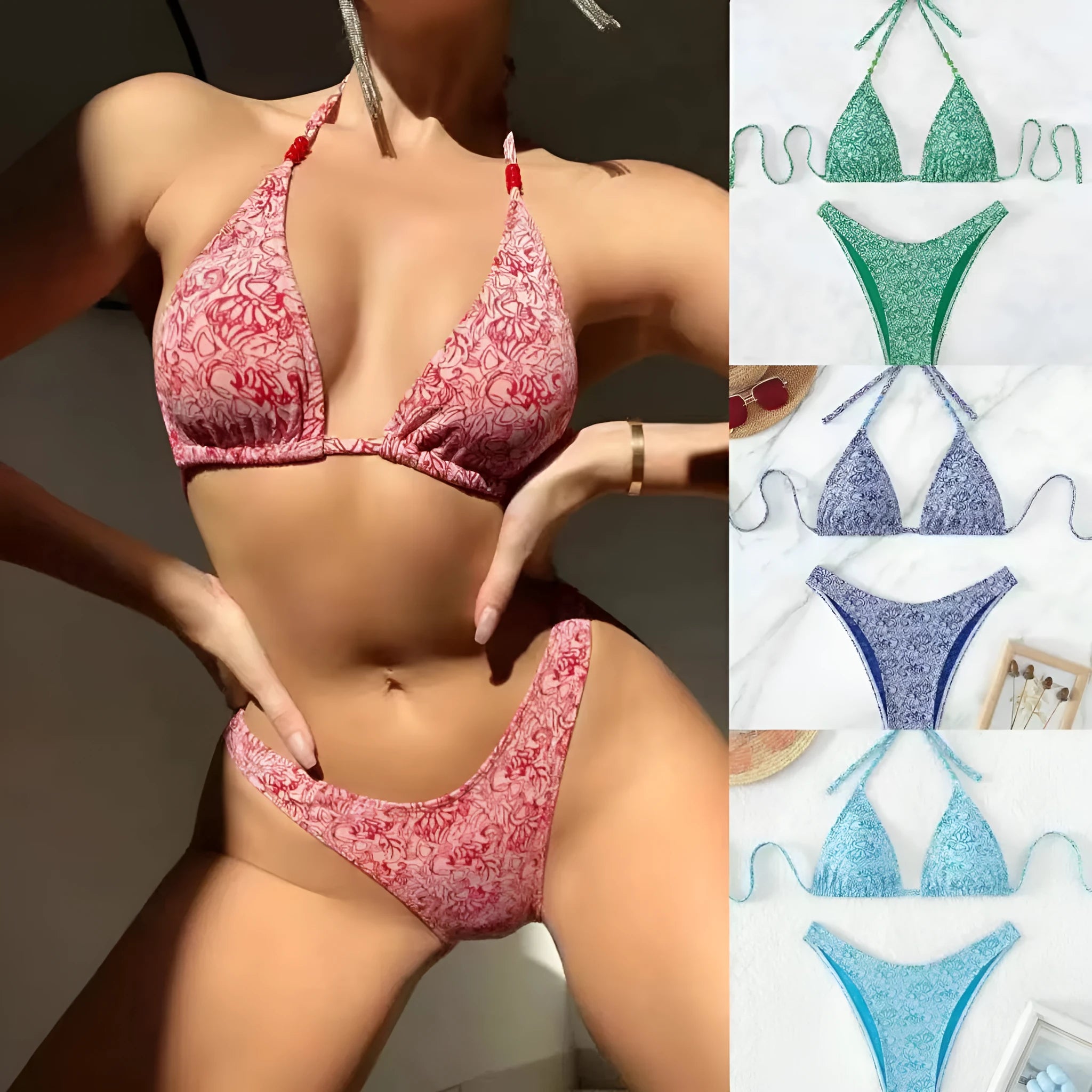 Women's floral bikini halter set with sleeveless top and shorts in polyester fabric.