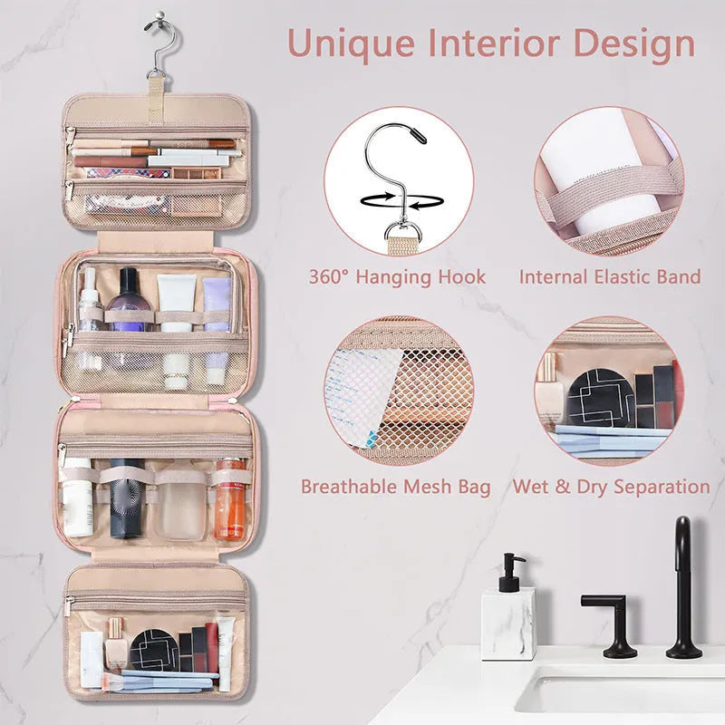 Waterproof polyester hanging cosmetic storage bag in pink colour showing dimensions