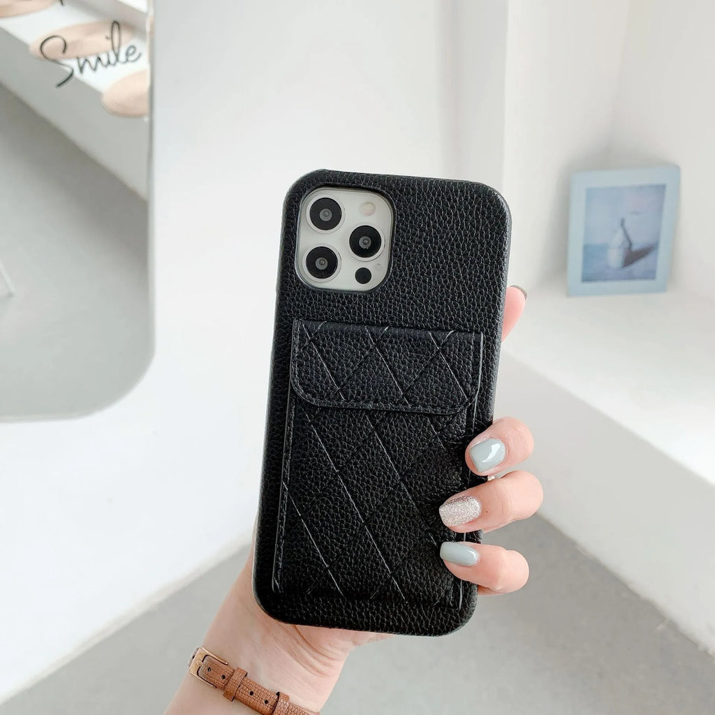 Tide imitation leather card wallet phone case for iPhone in six colours on a table