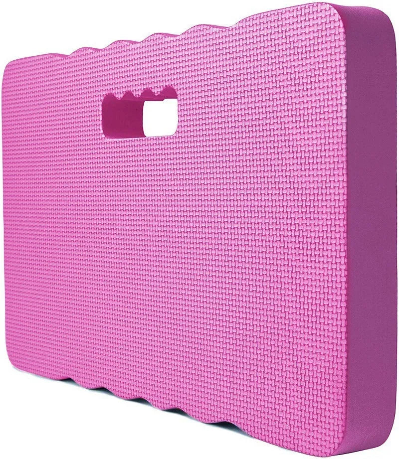 Plastic EVA garden kneeler pad in blue colour with integrated handle, showing dimensions.
