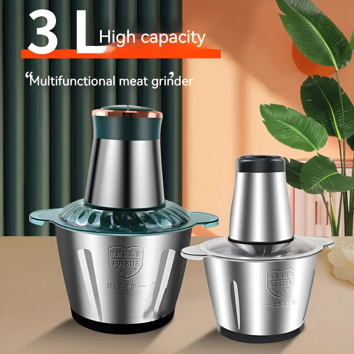 300W electric meat grinder with 2L stainless steel bowl, green and silver finish, 20.2 x 28.8cm