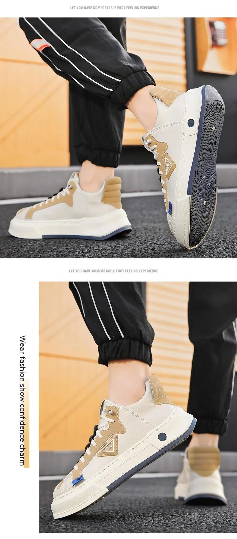 Men's beige low-top casual sneakers with elastic band and round toe