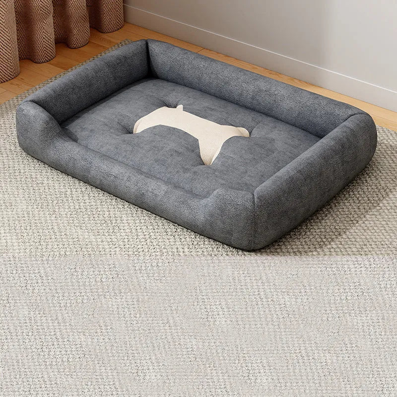 Rectangular plush pet sofa mat in grey shown with size chart showing six dimensions from 45x30cm to 90x70cm