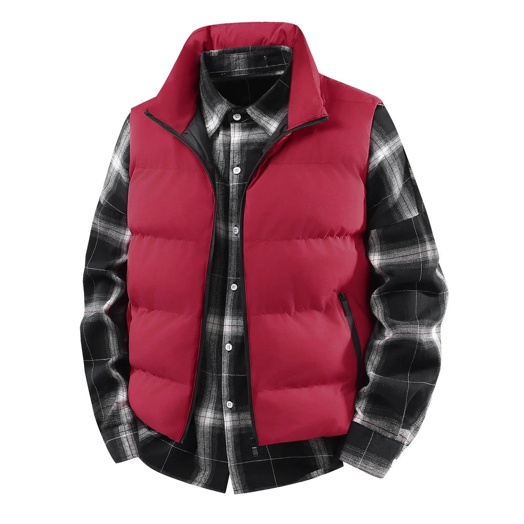 Men's plus size corduroy stand collar vest coat in black with thick lining, loose fit