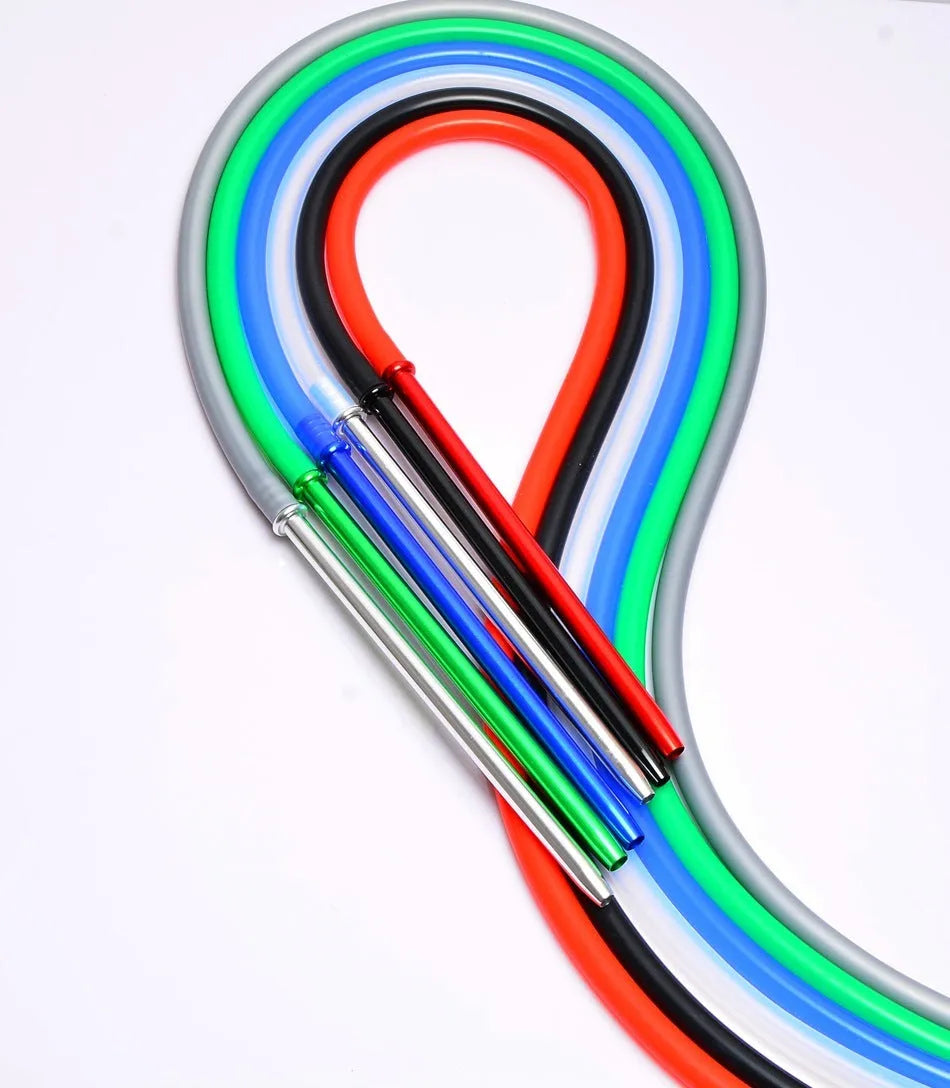 Silicone hookah hose with metallic ends in red, blue, green, black, silver grey, and clear colour options.