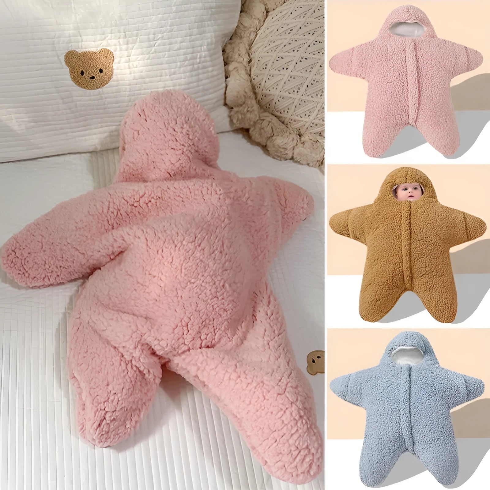 Starfish lamb velvet baby sleeping bag with hood and zipper closure for infants 0-6 months