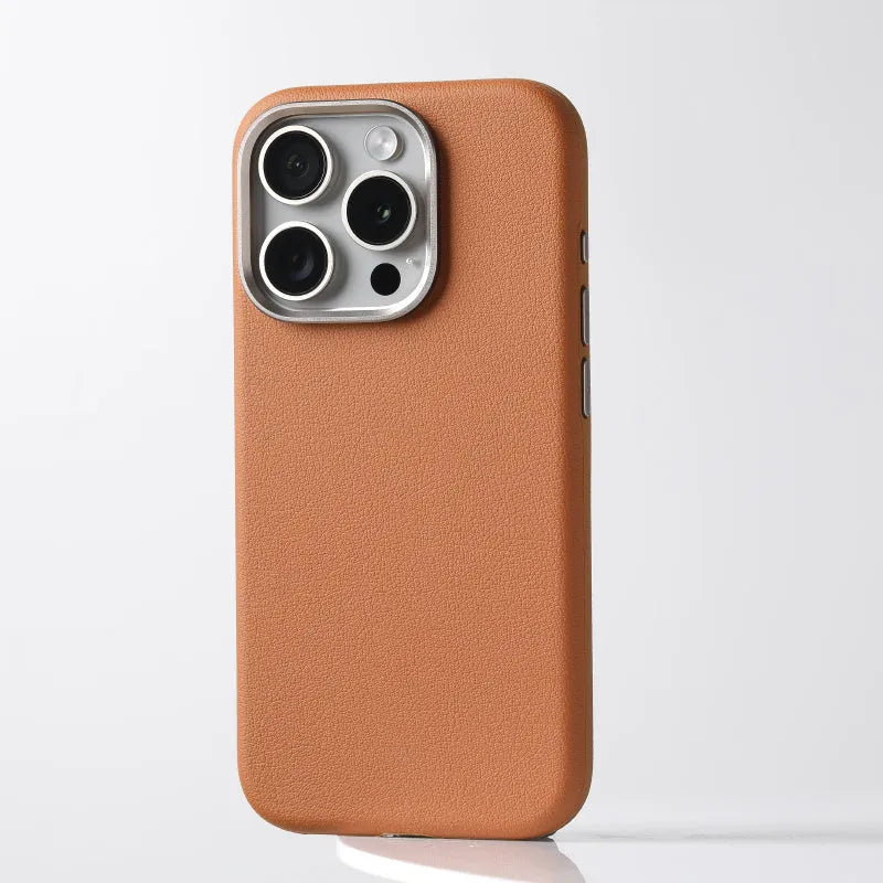 Black genuine leather iPhone case with metal camera lens guard showing Magsafe magnet ring