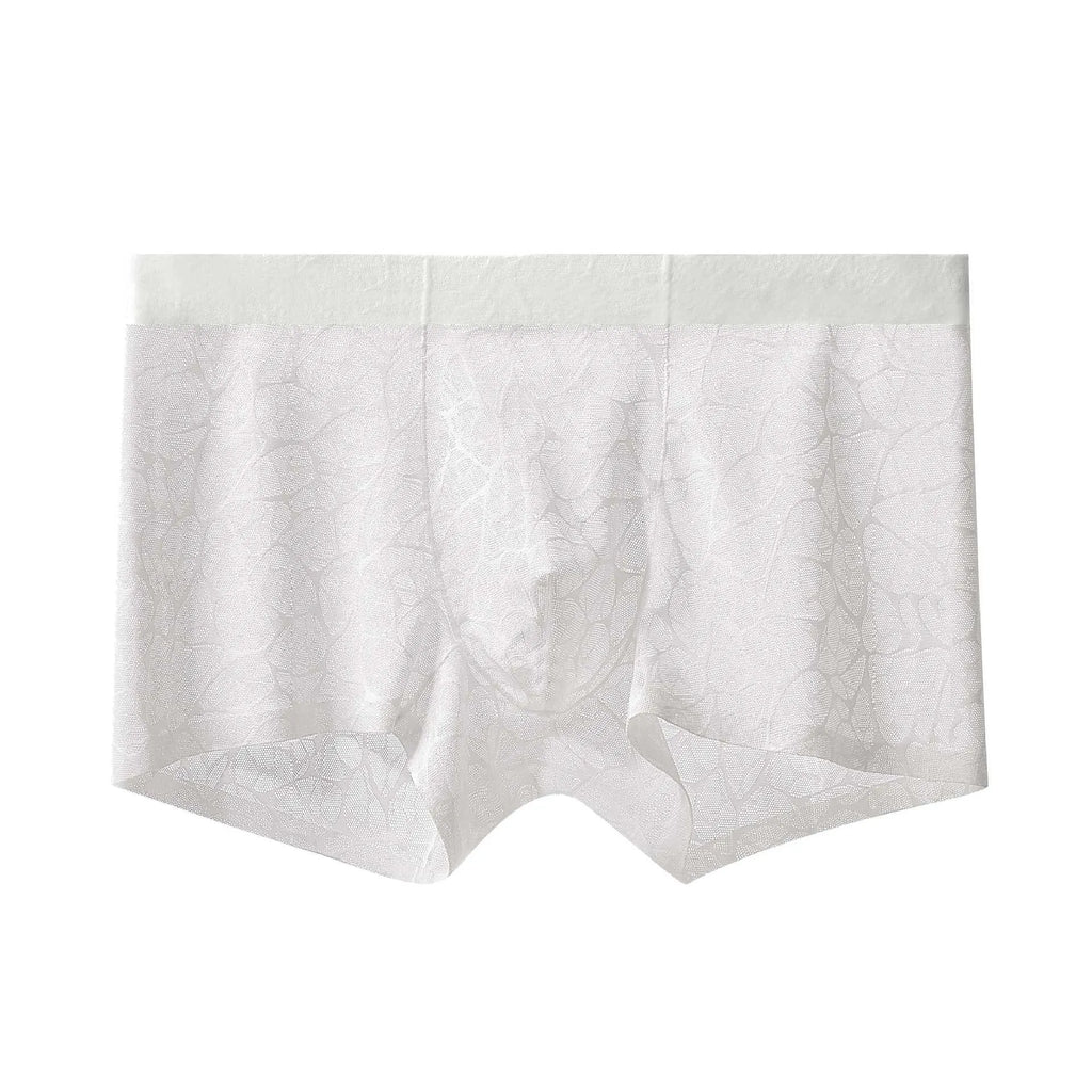 Men's jacquard leopard print nylon underwear showing mid-waist design and fabric texture