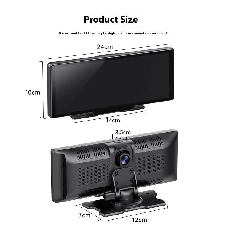 10-inch car touchscreen display showing Apple CarPlay maps interface and dashboard mounting