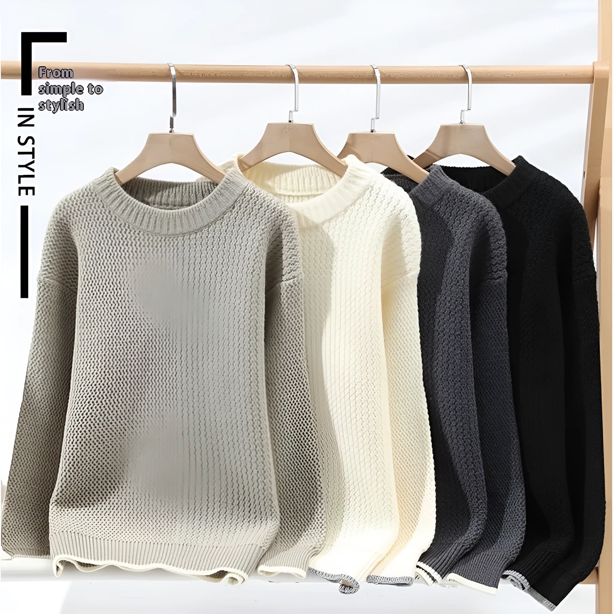 Man wearing a grey loose-fit round neck men's pullover sweater.
