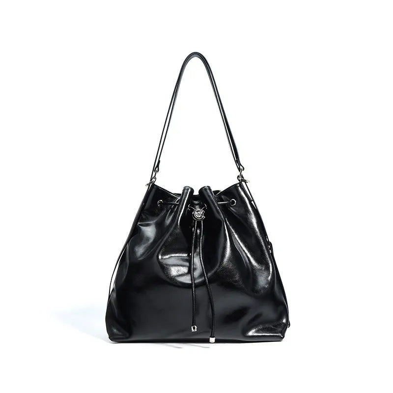 Genuine leather retro bucket bag with single shoulder strap in brownie brown colour