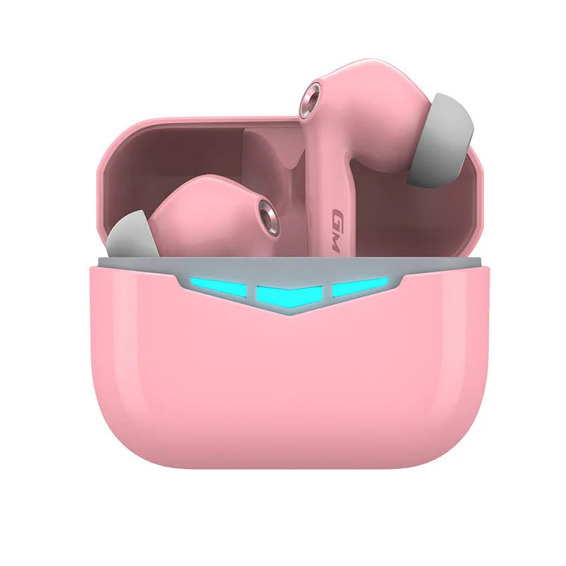 Black true wireless gaming earbuds and charging case on a dark surface, showing in-ear design.