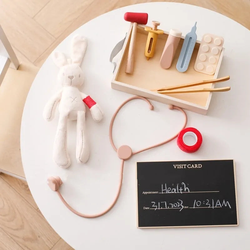 Wooden children's doctor play set with stethoscope and medical tools in cloth bag packaging