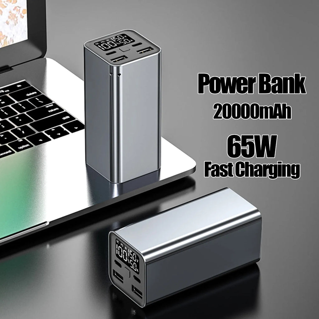 Black high-power 65W laptop charging bank with USB-C port, showing dimensions of 47.5x104.5x47.5mm.