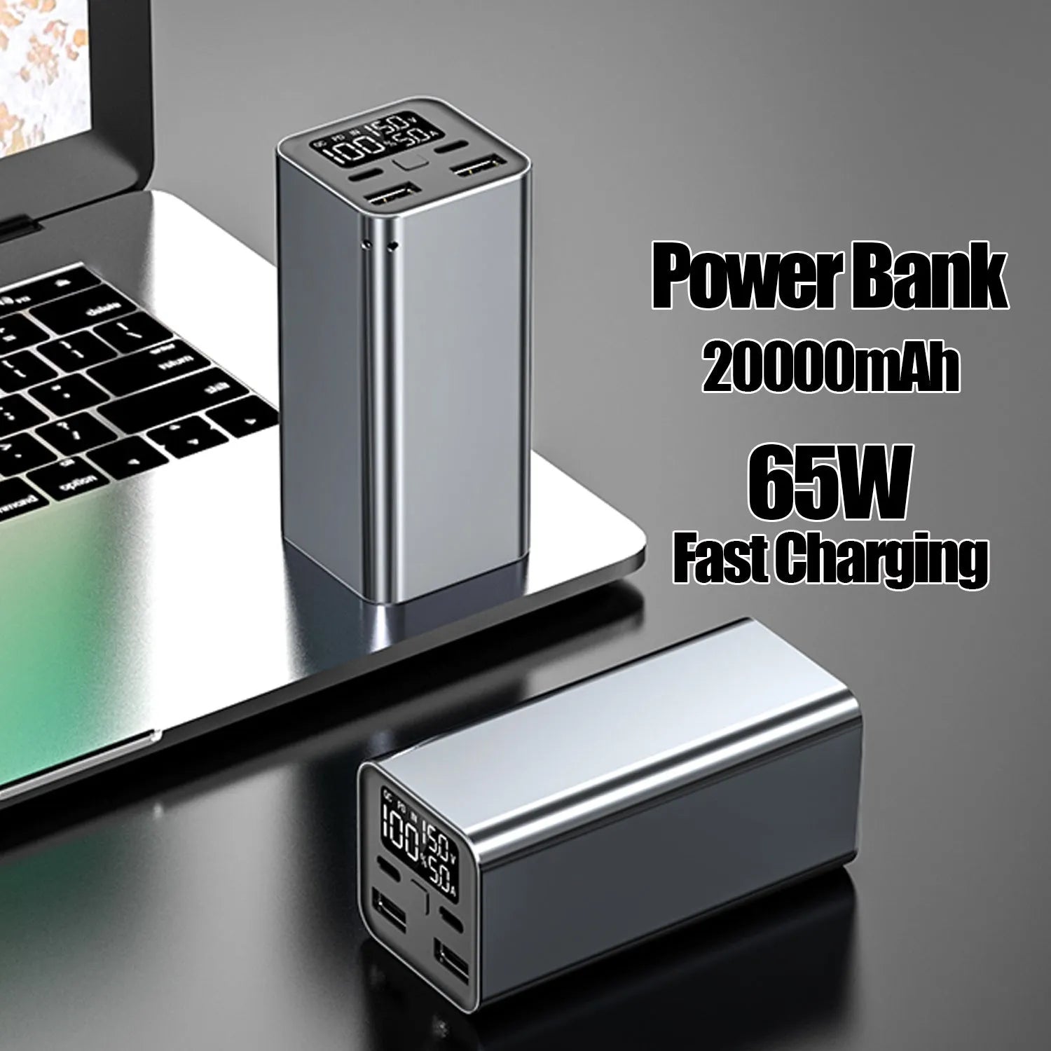 Black high-power 65W laptop charging bank with USB-C port, showing dimensions of 47.5x104.5x47.5mm.