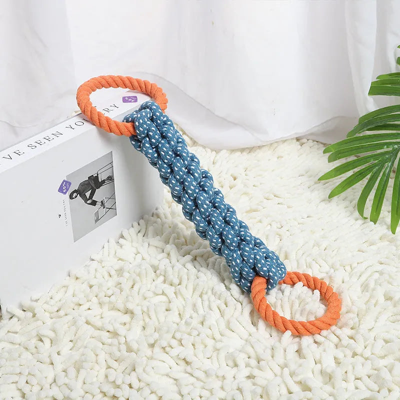 Blue cotton knot rope dog chew toy with double-ring braided bone design